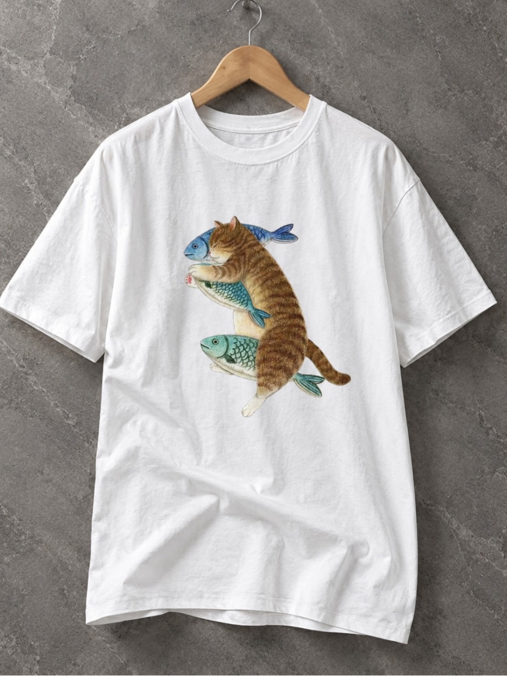 Brown Tabby Cat & Blue-Green Fish Gildan White Tee Graphic